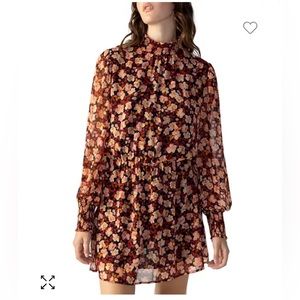 Floral Print Blouson Mock Neck Long Sleeve Mini Dress